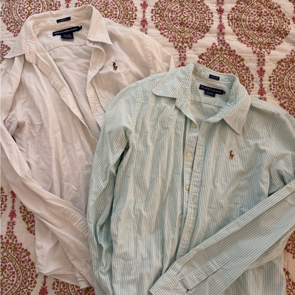 Ralph Lauren Men's Striped Blue and Solid White Button Down Bundle